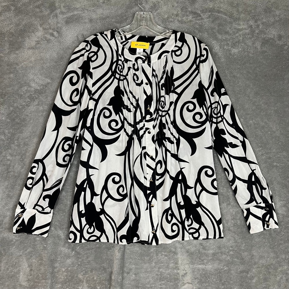 St John Blouse Womens 8 Black White Abstract Pleated Long Sleeve Career